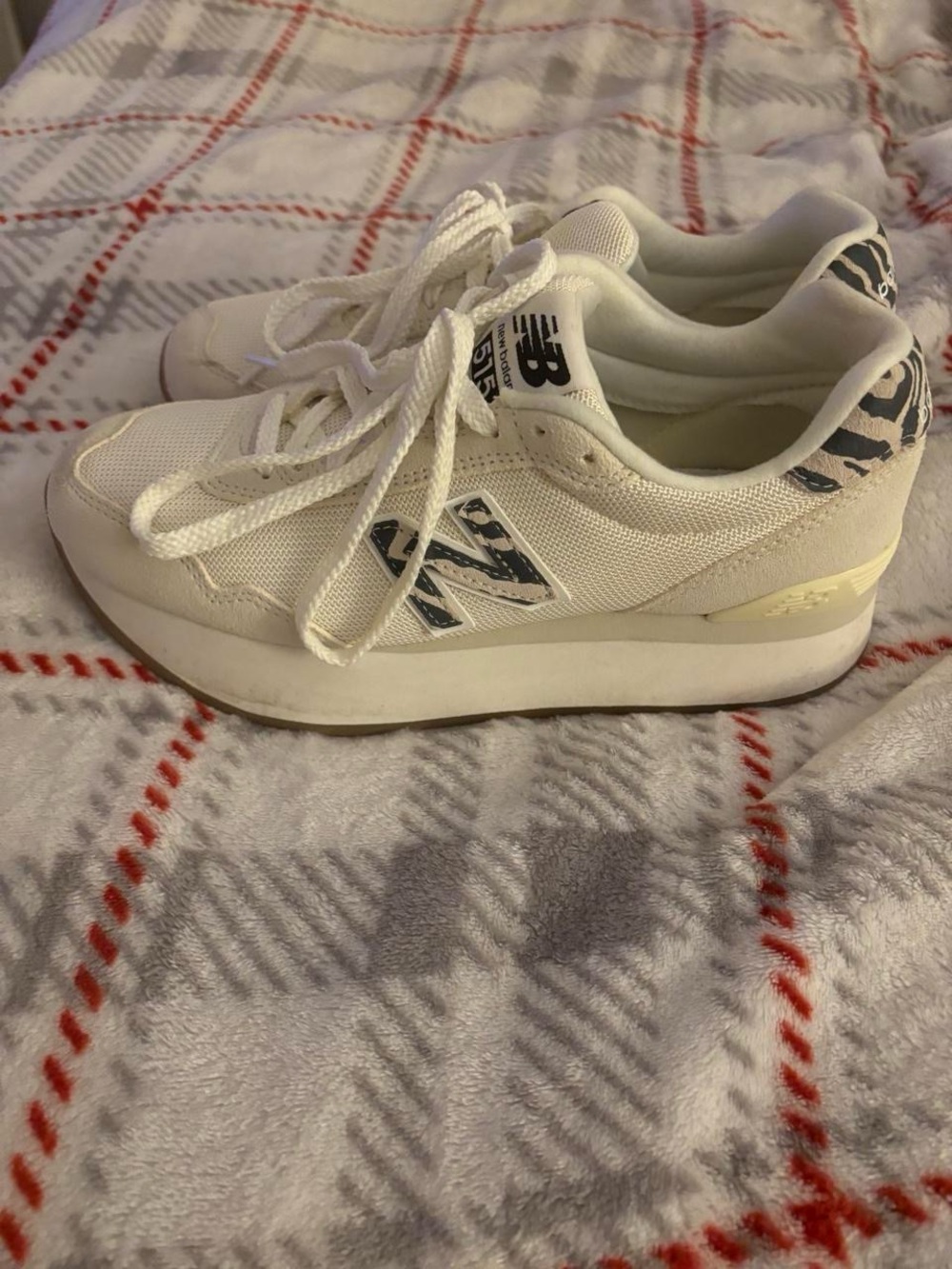 New Balance White Platform Sneakers with Grey Pattern Accents